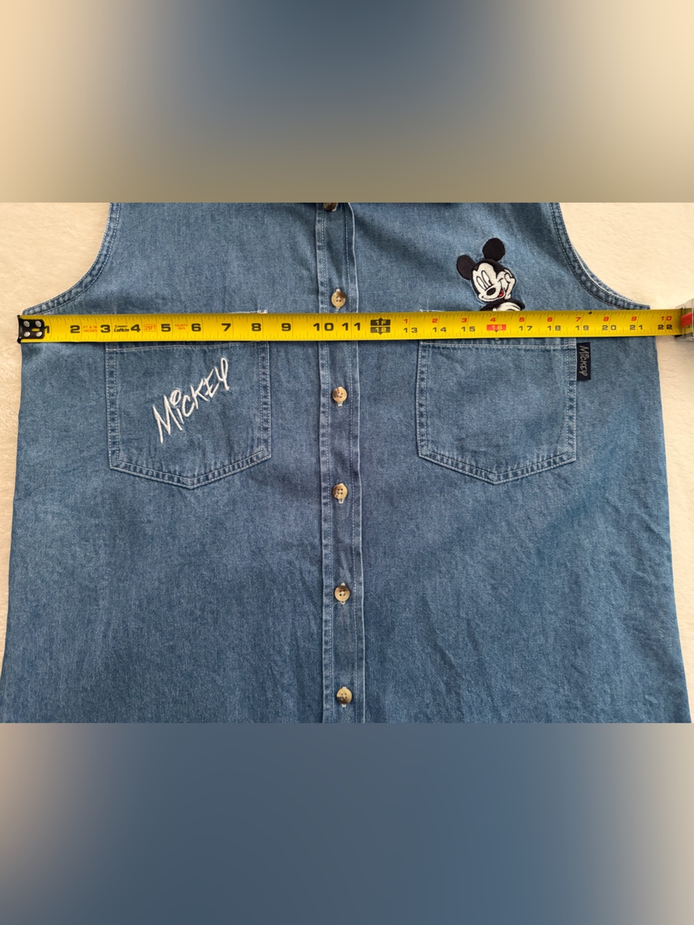 Mickey Unlimited Disney Denim Sleeveless Button-Down Cotton Embroidered Shirt - Picture 5 of 11